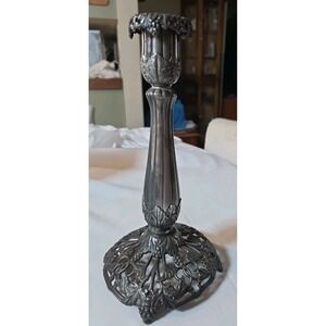 Antique Art Nouveau Grape Vine Candlestick Pewter Pierced Base 9"